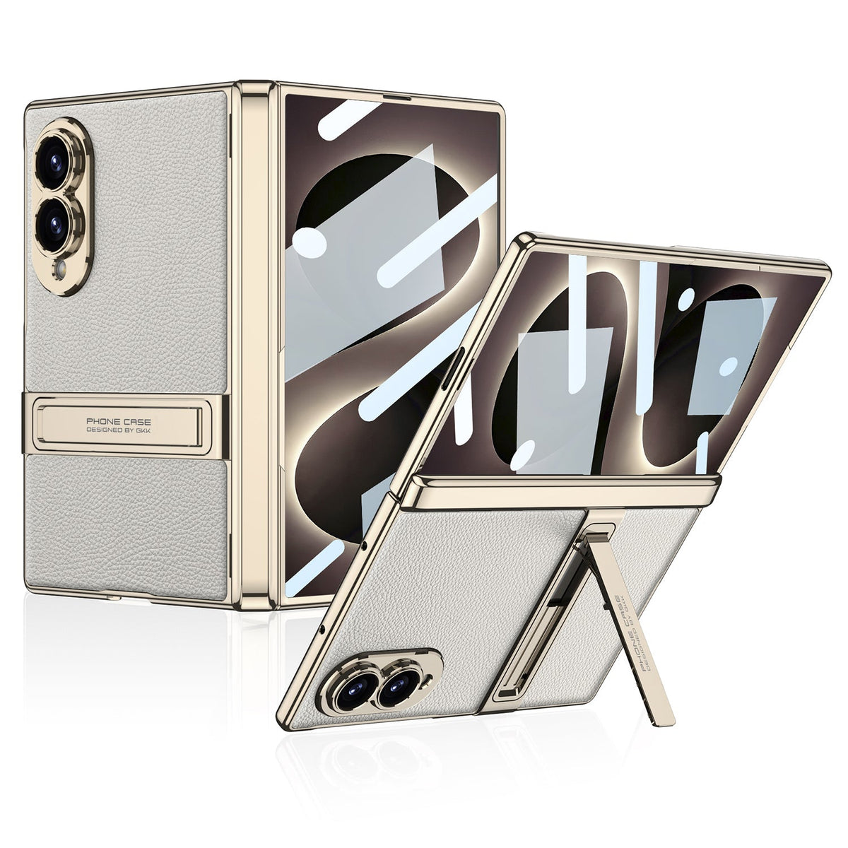 Leather Case For Galaxy Z Fold 8 – Gold-Finish Frame, Built-In Tempered Glass Film & Hidden Kickstand