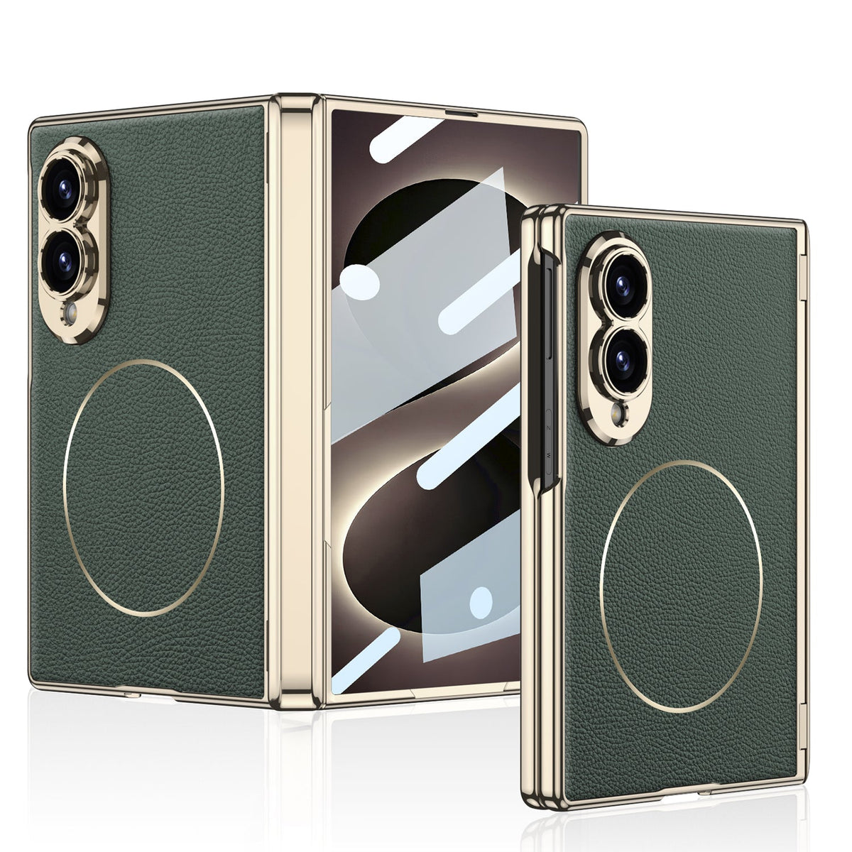 Leather Case For Galaxy Z Fold8 Wide Ultra – Gold-Finish Frame, Built-In Tempered Glass Film & Magnetic Coil