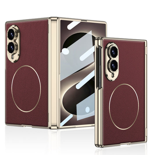 Leather Case For Galaxy Z Fold8 Wide Ultra – Gold-Finish Frame, Built-In Tempered Glass Film & Magnetic Coil