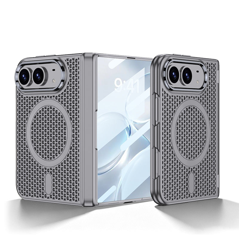 iPhone Duo  - Magnetic Hinge Protection Honeycomb‑Mesh Cooling Cover Built-in Tempered Glass Film & Magnetic Ring