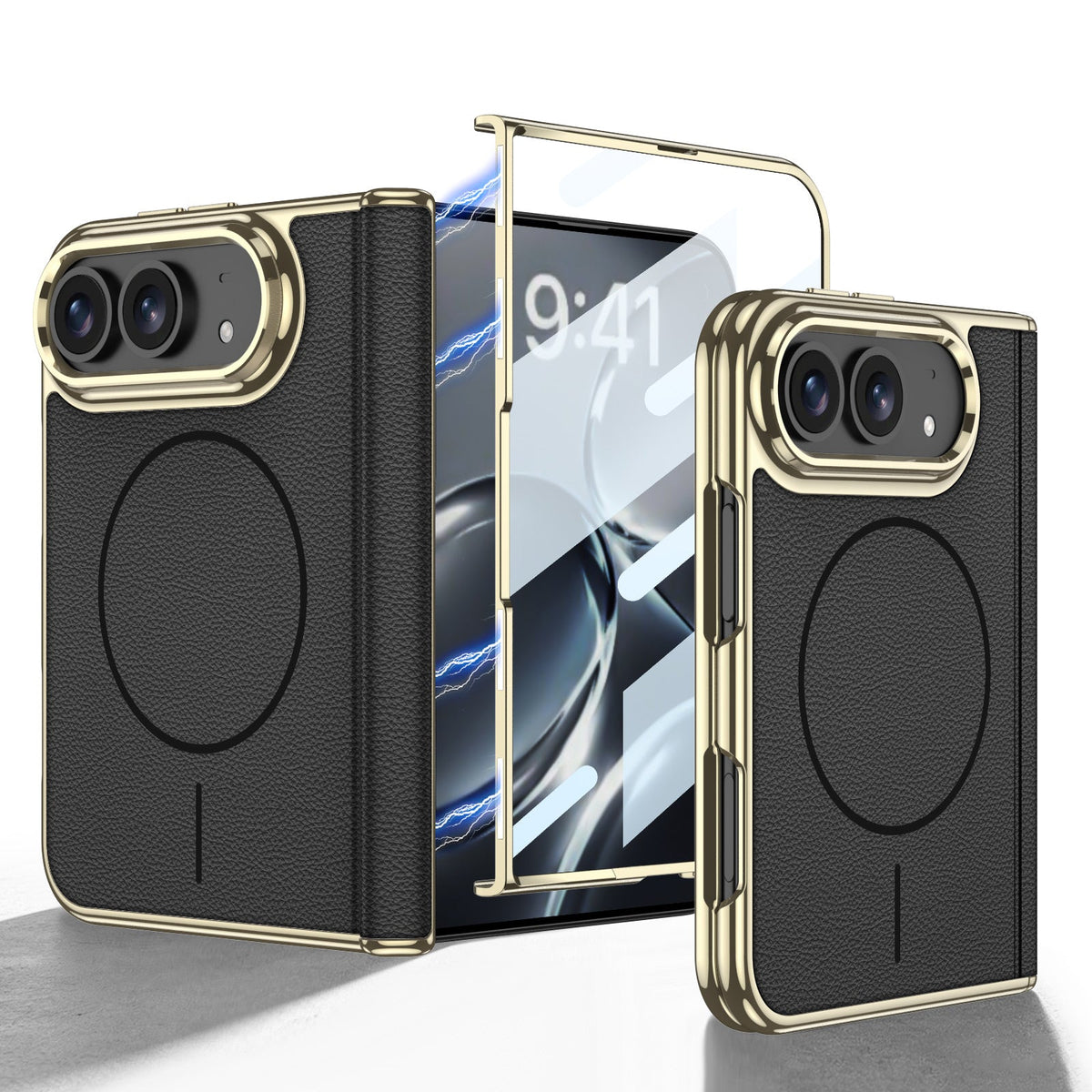 iPhone Duo - Golden Plating Leather Cover Built-in Tempered Glass Screen & Magnetic Coil