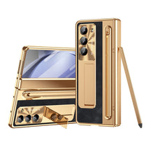 Load image into Gallery viewer, Leather Golden Electroplated Phone Case With Back Screen Glass and Stylus For Galaxy Z Fold 7/6/5/4
