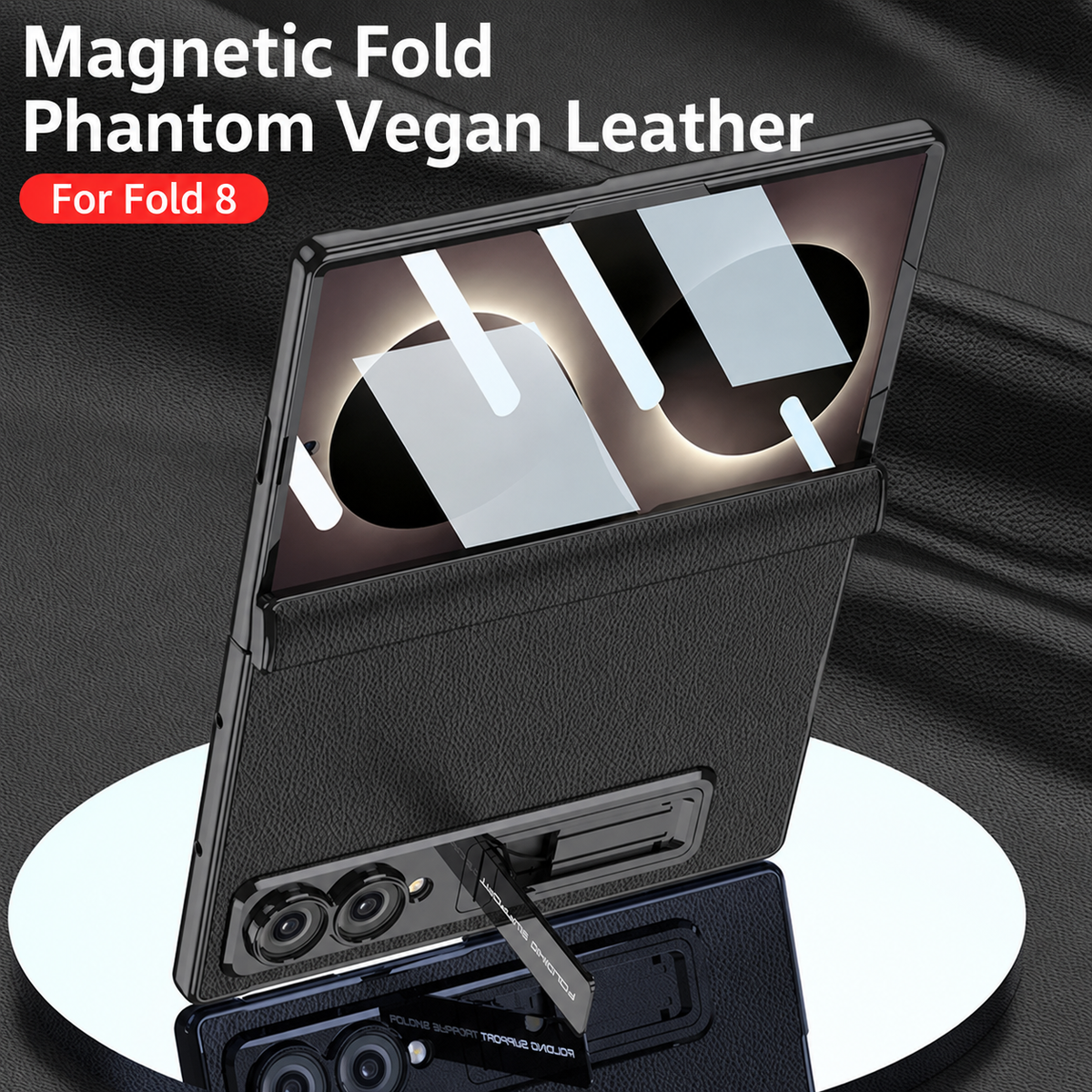 Leather Case For Galaxy Z Fold8/7/6 Wide Ultra – Gold-Finish Frame, Built-In Tempered Glass Film & Hidden Kickstand