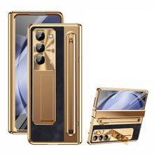 Load image into Gallery viewer, Leather Golden Electroplated Phone Case With Back Screen Glass and Stylus For Galaxy Z Fold 7/6/5/4
