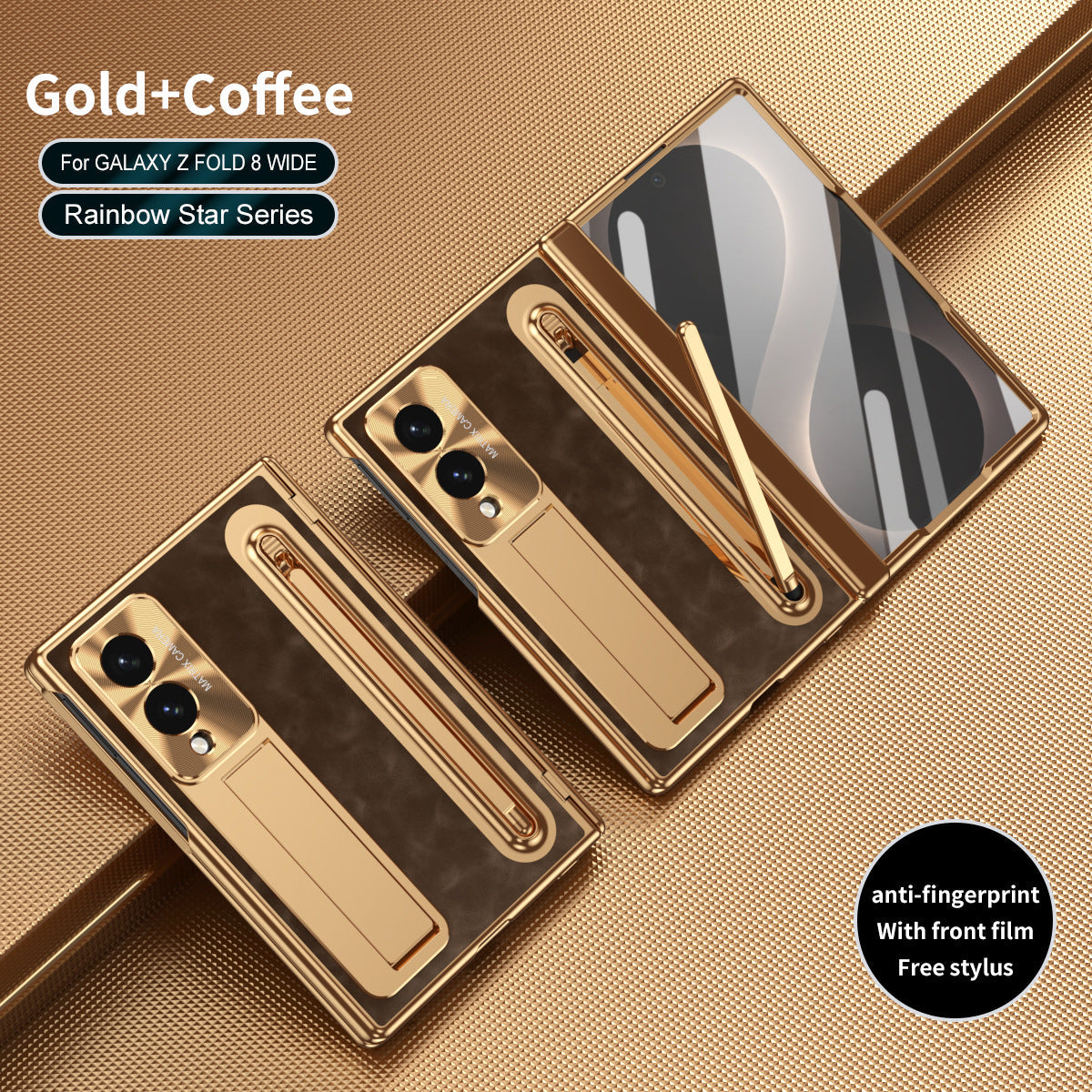 Golden Electroplated Leather Phone Case With Built-in Tempered Glass & Stylus For Galaxy Z Fold 8/7/6/5/4 Wide Ultra