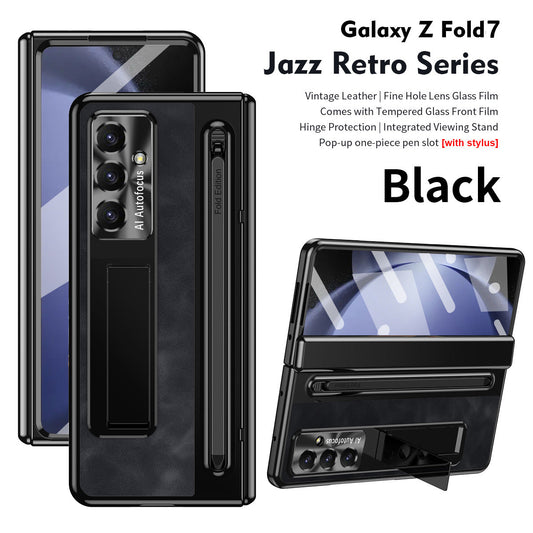 Jazz Retro Style Anyi-fall Protective Leather Phone Case For Galaxy Fold 7/6/5/4 With Front Protection Film And Stylus