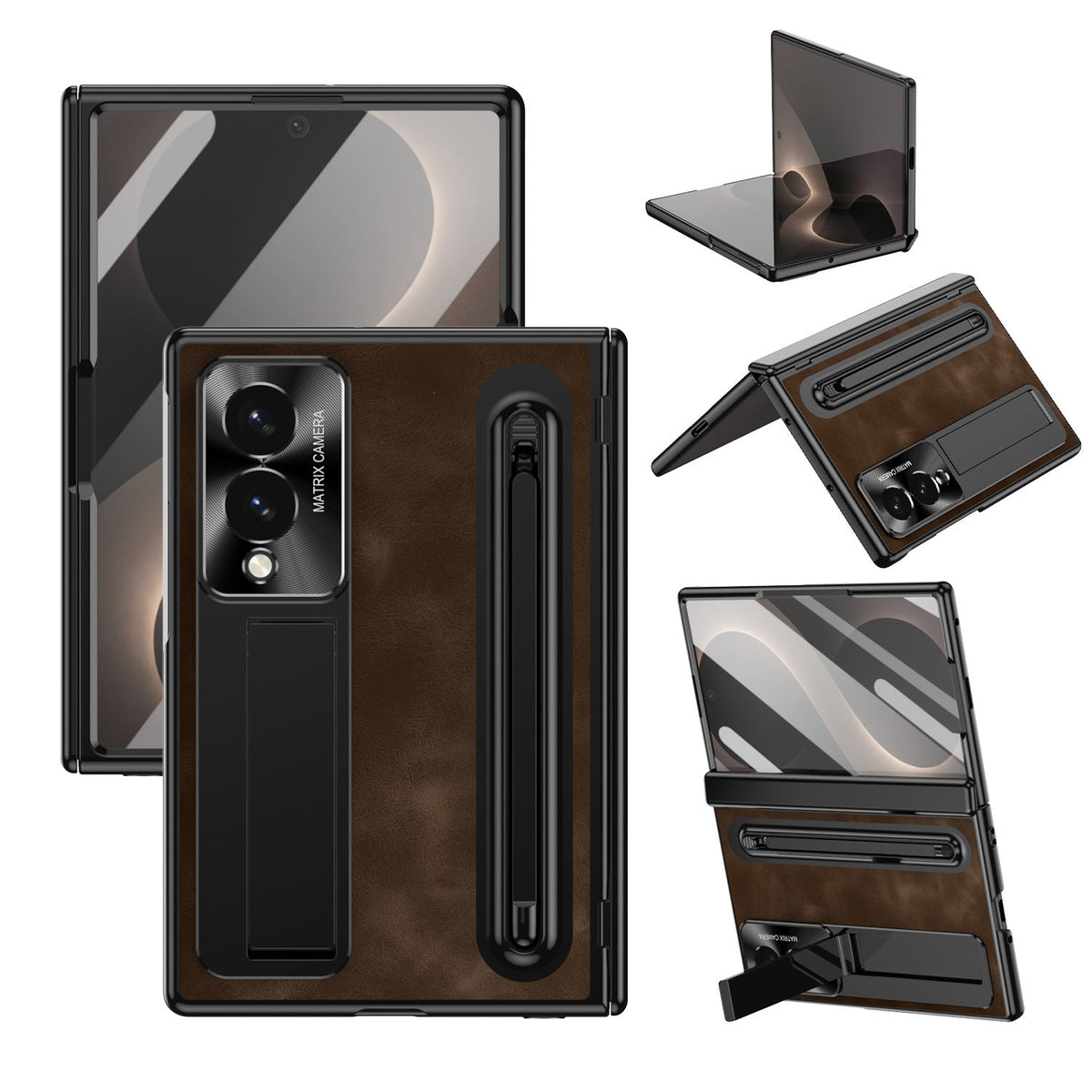 Jazz Retro Style Protective Leather Phone Case For Galaxy Fold 8/7/6/5/4 Wide Ultra With Built-in Tempered Glass Film & Pen-slot & Stylus