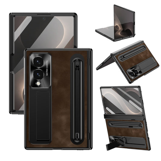 Jazz Retro Style Protective Leather Phone Case For Galaxy Fold 8/7/6/5/4 Wide Ultra With Built-in Tempered Glass Film & Pen-slot & Stylus