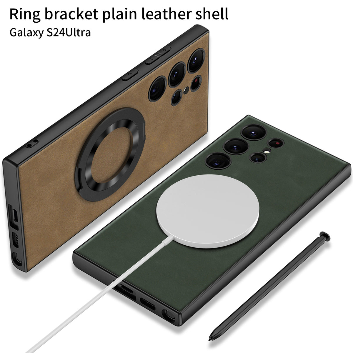 Ring Bracket Plain Leather Case For Samsung Galaxy S24 S24Ultra