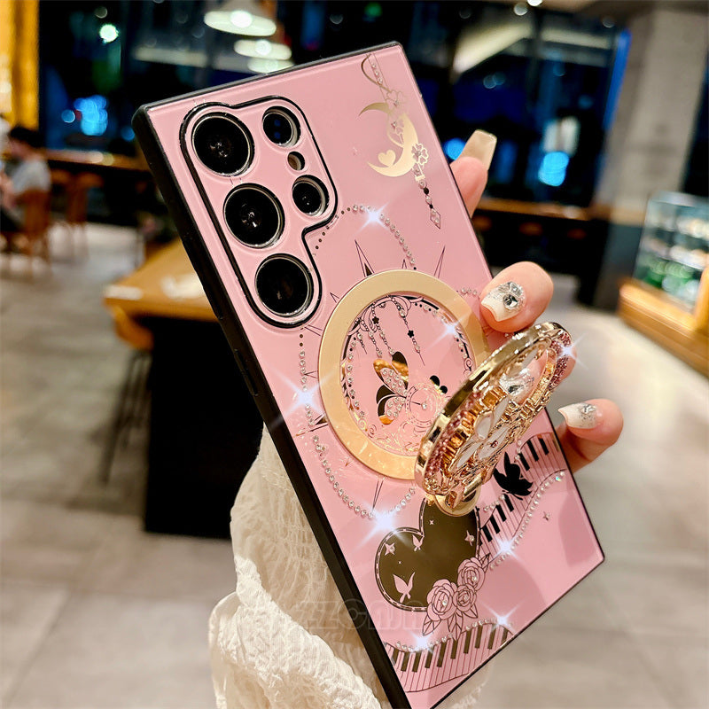 Luxury Bling Shiny Diamond For Samsung Galaxy S24 Ultra 5G S23 FE S22 Plus A14 A54 A15 A35 A55 Case Rose Ring Holder Stand Cover