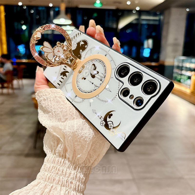 Luxury Bling Shiny Diamond For Samsung Galaxy S24 Ultra 5G S23 FE S22 Plus A14 A54 A15 A35 A55 Case Rose Ring Holder Stand Cover