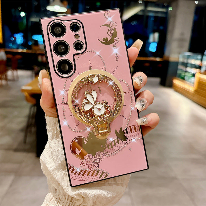 Luxury Bling Shiny Diamond For Samsung Galaxy S24 Ultra 5G S23 FE S22 Plus A14 A54 A15 A35 A55 Case Rose Ring Holder Stand Cover
