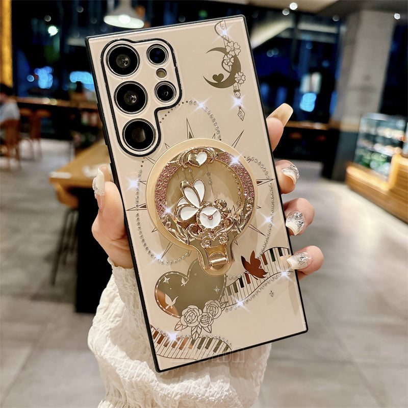 Luxury Bling Shiny Diamond For Samsung Galaxy S24 Ultra 5G S23 FE S22 Plus A14 A54 A15 A35 A55 Case Rose Ring Holder Stand Cover
