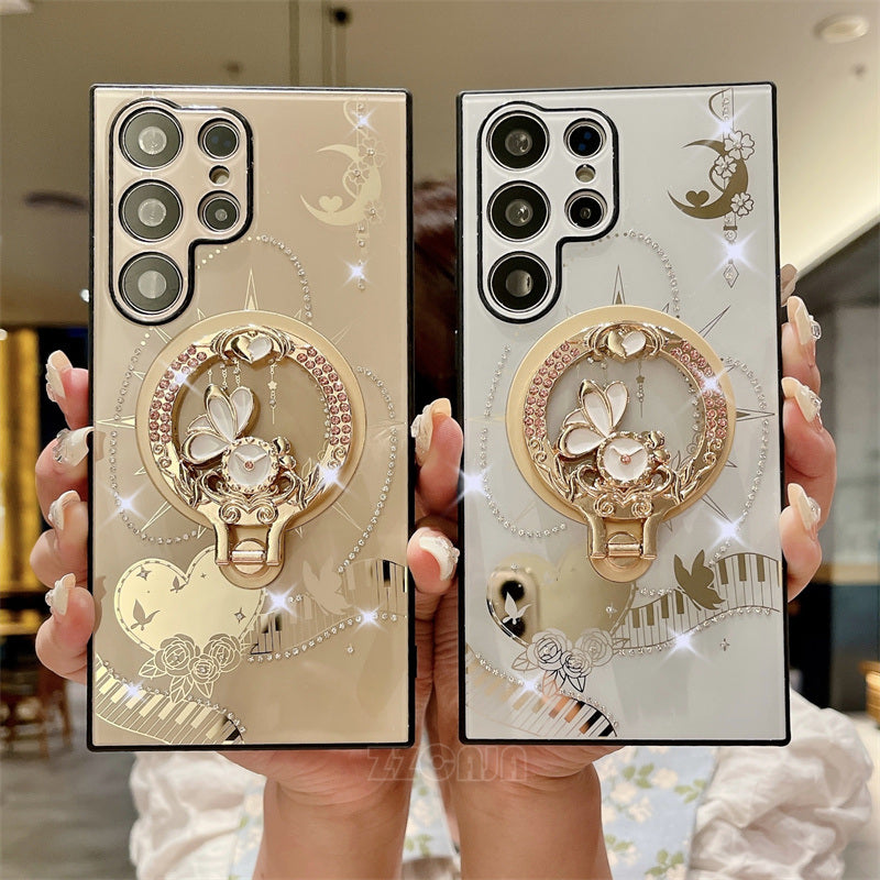 Luxury Bling Shiny Diamond For Samsung Galaxy S24 Ultra 5G S23 FE S22 Plus A14 A54 A15 A35 A55 Case Rose Ring Holder Stand Cover