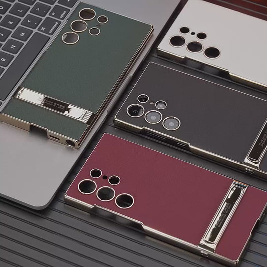Shockproof with Precision Cutouts S24Ultra Electroplated Vegan Leather Stand Case for S24Ultra S24 Plus
