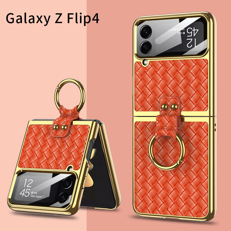 Electroplated Weave Leather Case For Galaxy Z Flip4 5G With Back Glass And Ring Holder Standard