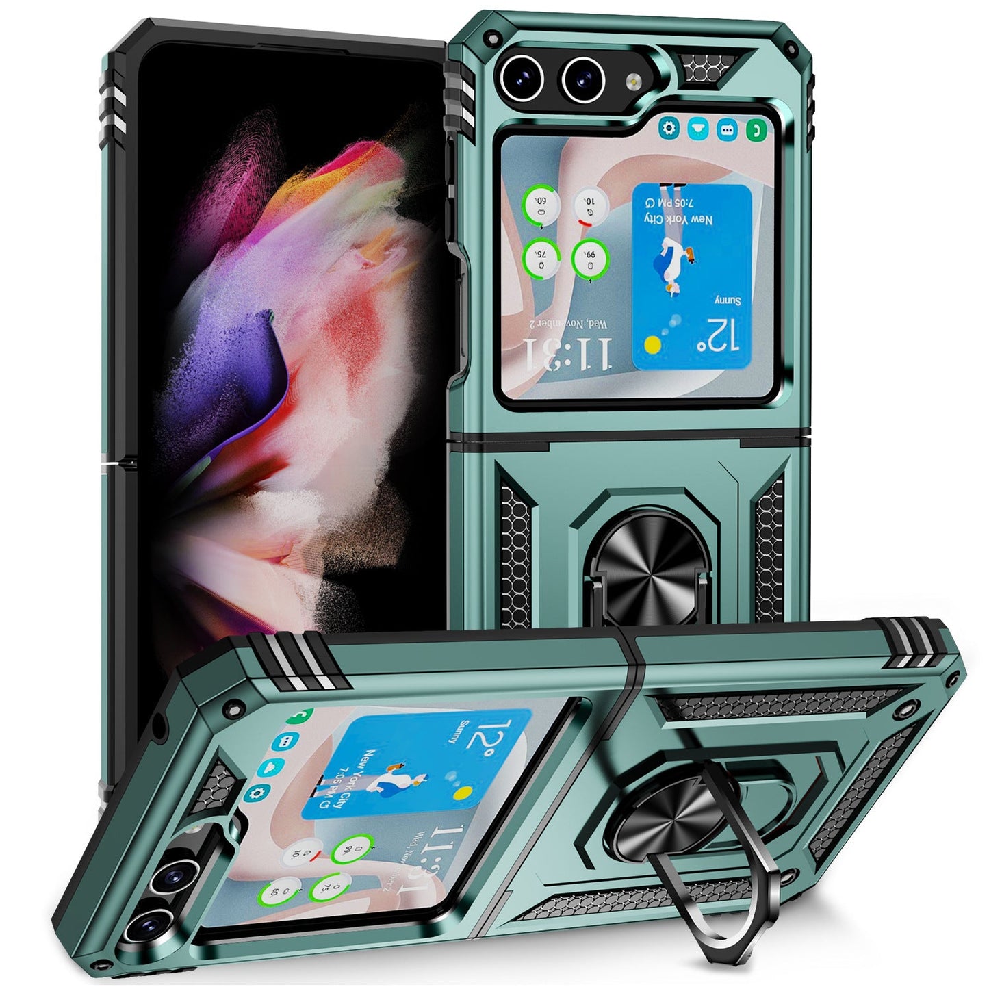 Samsung Galaxy Z Flip5 Armor Heavy Duty Military Grade Protection Case Built-in 360° Rotate Ring Stand