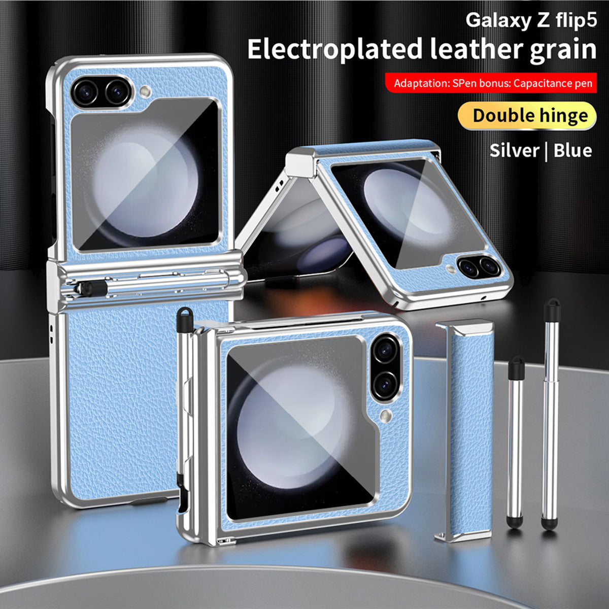 Electroplated Hinge Samsung Flip5 Plain Leather Anti-fall Protection Case with Stylus