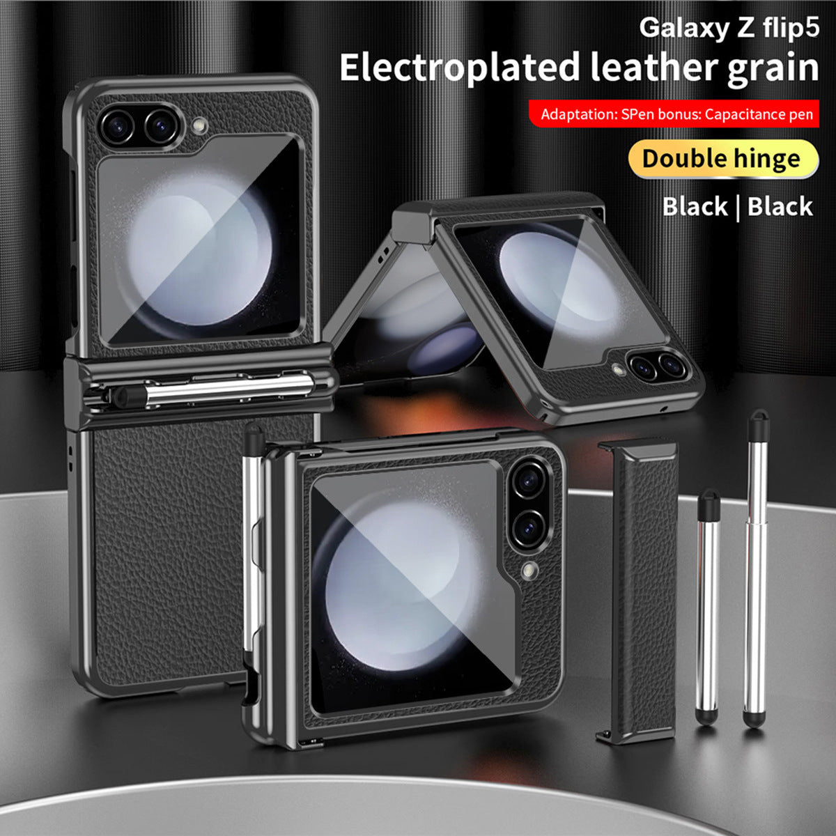 Electroplated Hinge Samsung Flip5 Plain Leather Anti-fall Protection Case with Stylus
