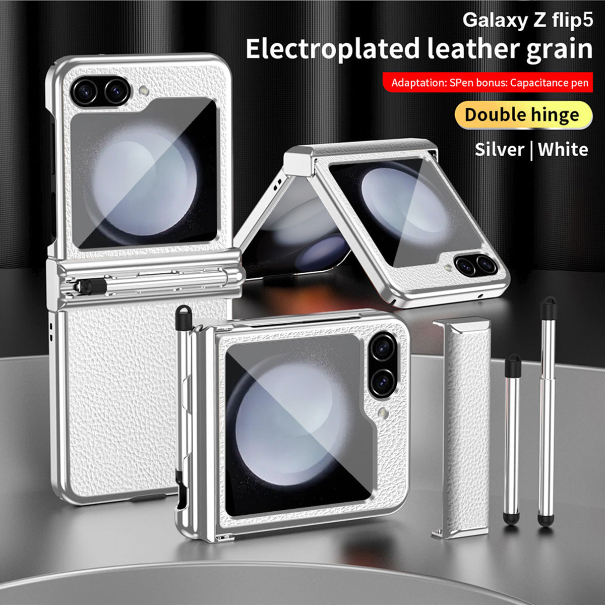 Electroplated Hinge Samsung Flip5 Plain Leather Anti-fall Protection Case with Stylus