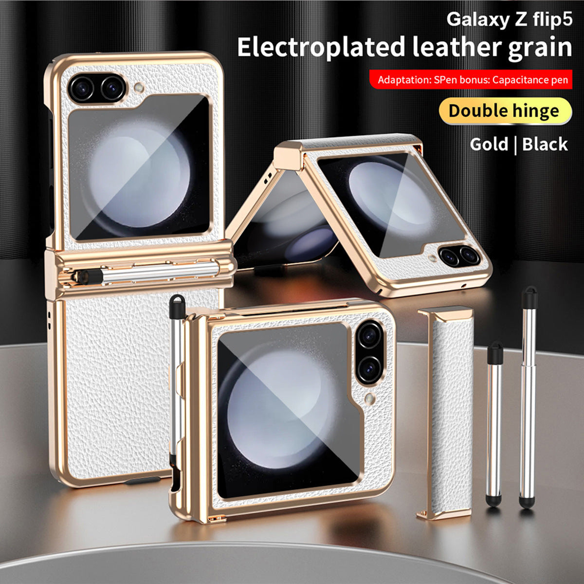 Electroplated Hinge Samsung Flip5 Plain Leather Anti-fall Protection Case with Stylus