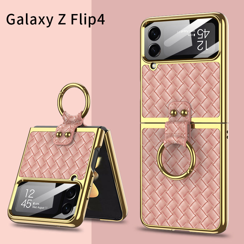 Electroplated Weave Leather Case For Galaxy Z Flip4 5G With Back Glass And Ring Holder Standard
