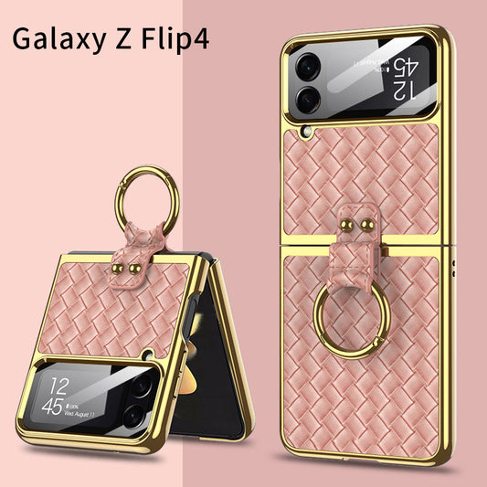 Electroplated Weave Leather Case For Galaxy Z Flip4 5G With Back Glass And Ring Holder Standard