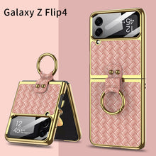 Load image into Gallery viewer, Electroplated Weave Leather Case For Galaxy Z Flip4 5G With Back Glass And Ring Holder Standard
