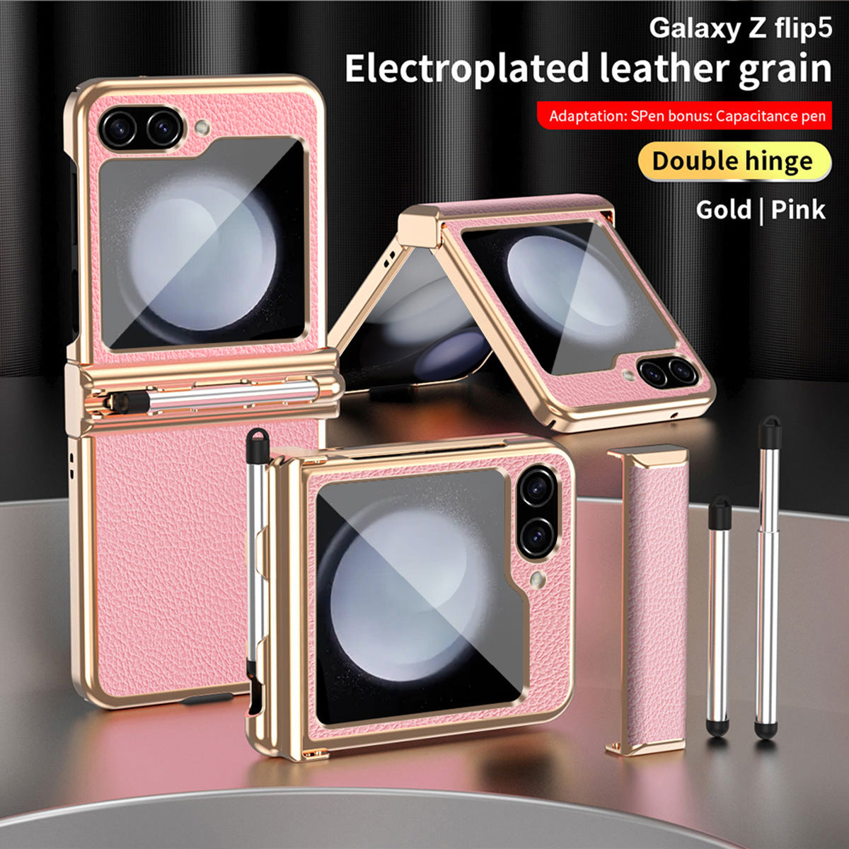 Electroplated Hinge Samsung Flip5 Plain Leather Anti-fall Protection Case with Stylus
