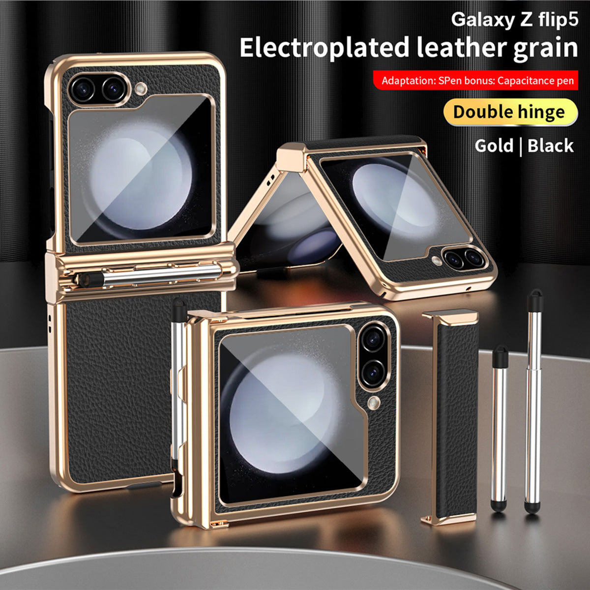 Electroplated Hinge Samsung Flip5 Plain Leather Anti-fall Protection Case with Stylus