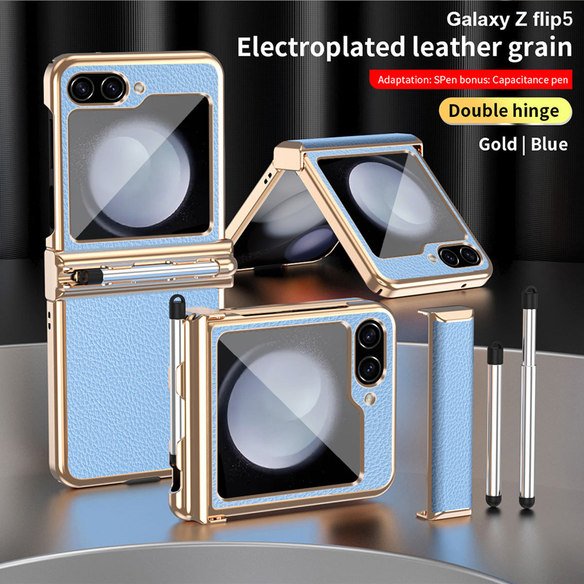 Electroplated Hinge Samsung Flip5 Plain Leather Anti-fall Protection Case with Stylus