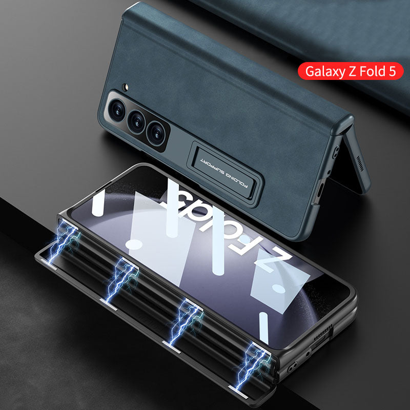 Plain leather Samsung Z Fold5 Phone Case with Screen Protector & Stand