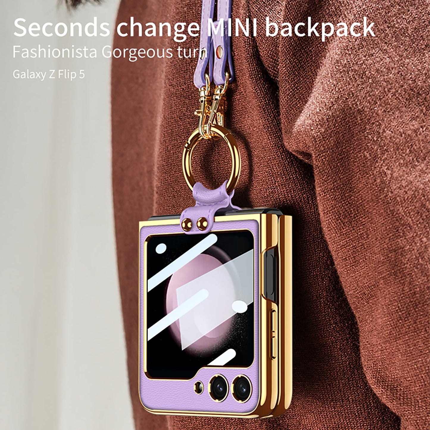 Leather Backpack Style Samsung Galaxy Z Flip5 Case with Shoulder Strap