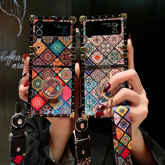 Retro Boho Style Ring Bohemian Case With Lanyard for Samsung Galaxy Z Flip3 Flip4 5G
