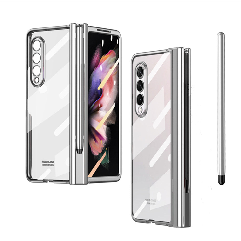 S Pen Fold Edition Case for Samsung Galaxy Z Fold 2 Z Fold 3 Pencil Slot Electroplating Clear Back Cover with Tempered Glass