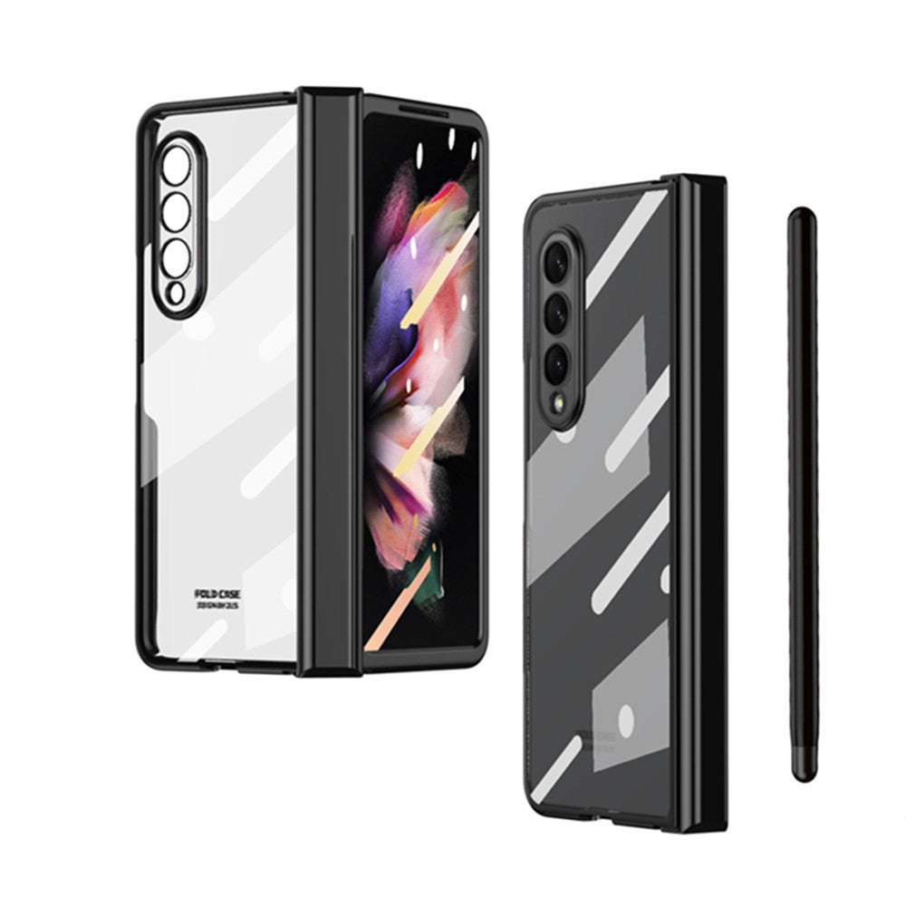 S Pen Fold Edition Case for Samsung Galaxy Z Fold 2 Z Fold 3 Pencil Slot Electroplating Clear Back Cover with Tempered Glass