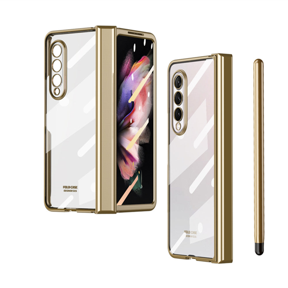 S Pen Fold Edition Case for Samsung Galaxy Z Fold 2 Z Fold 3 Pencil Slot Electroplating Clear Back Cover with Tempered Glass