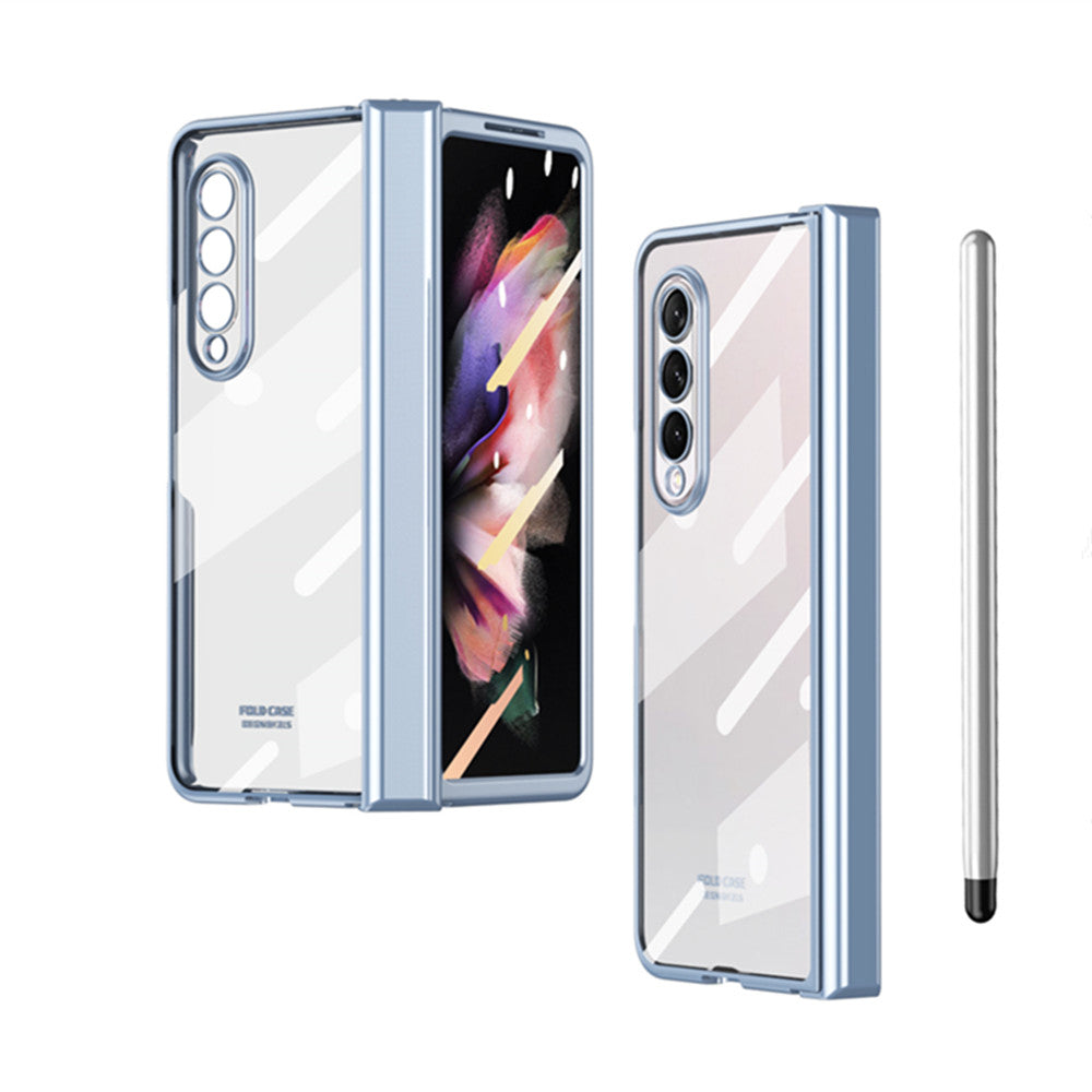 S Pen Fold Edition Case for Samsung Galaxy Z Fold 2 Z Fold 3 Pencil Slot Electroplating Clear Back Cover with Tempered Glass
