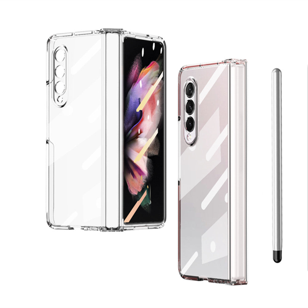 S Pen Fold Edition Case for Samsung Galaxy Z Fold 2 Z Fold 3 Pencil Slot Electroplating Clear Back Cover with Tempered Glass