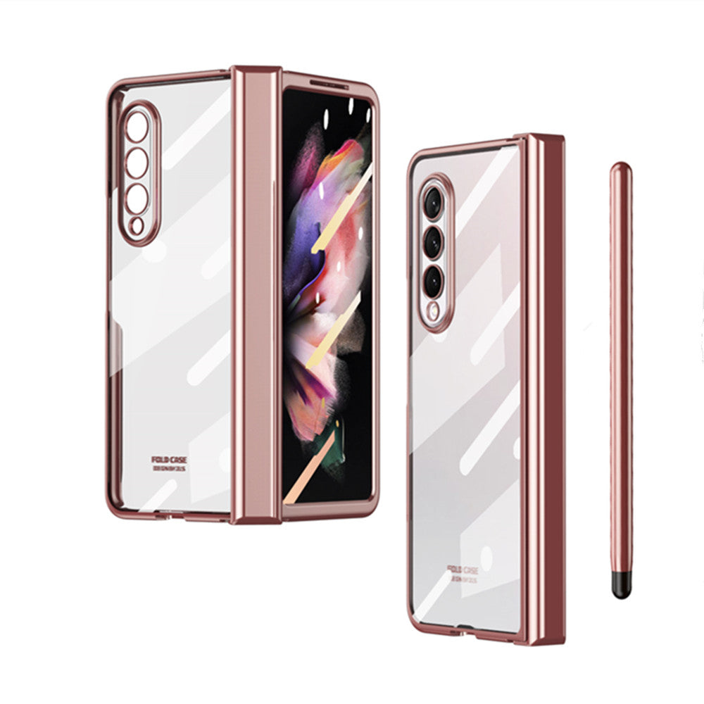 S Pen Fold Edition Case for Samsung Galaxy Z Fold 2 Z Fold 3 Pencil Slot Electroplating Clear Back Cover with Tempered Glass