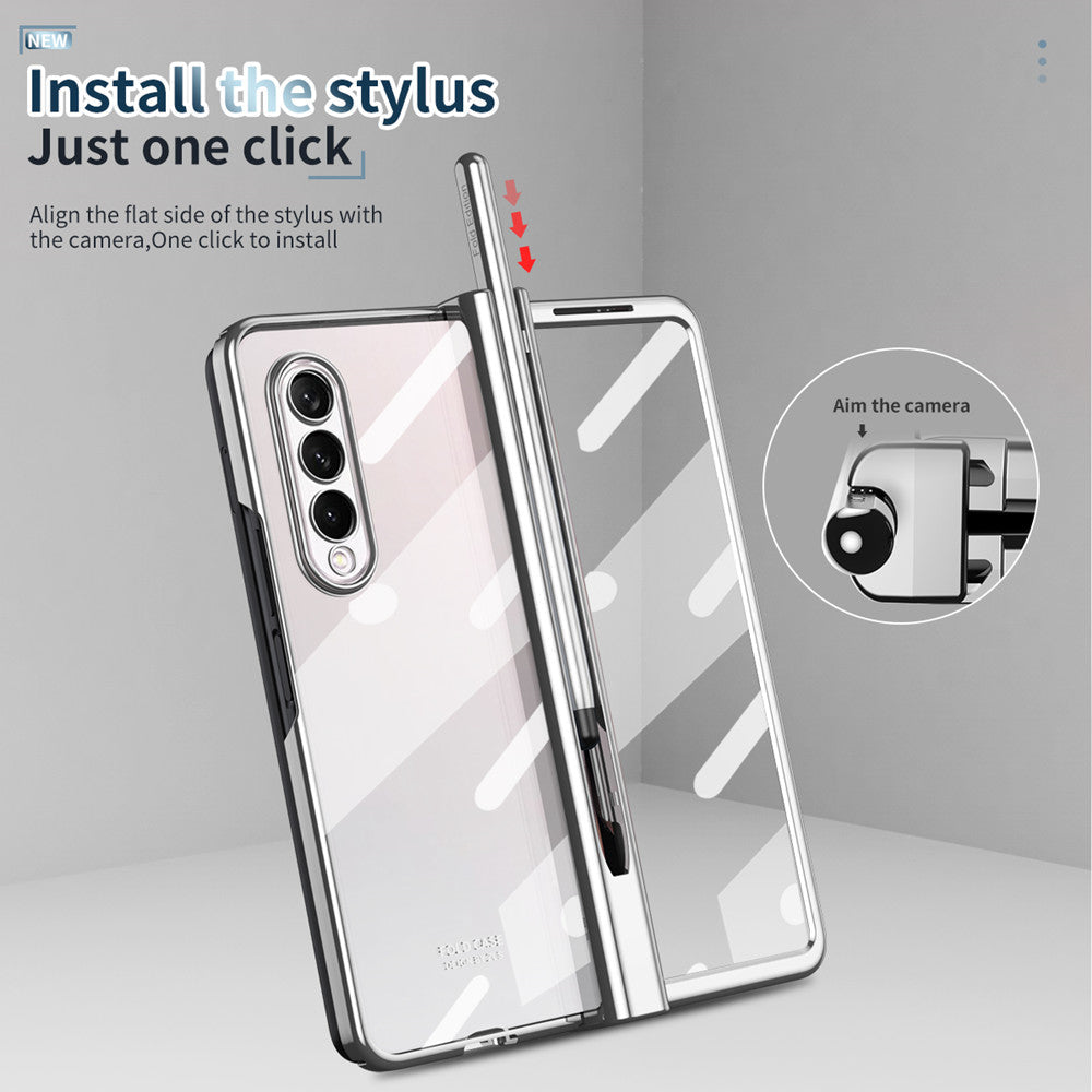 S Pen Fold Edition Case for Samsung Galaxy Z Fold 2 Z Fold 3 Pencil Slot Electroplating Clear Back Cover with Tempered Glass