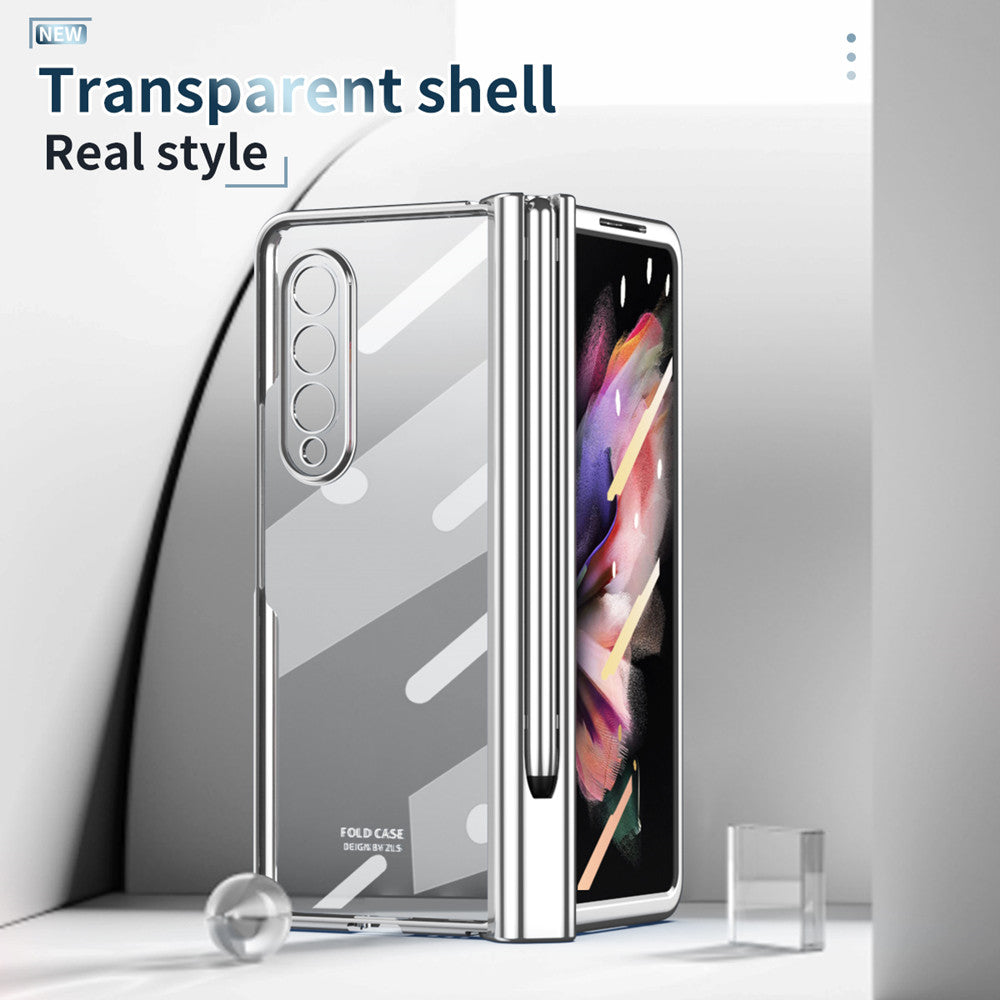 S Pen Fold Edition Case for Samsung Galaxy Z Fold 2 Z Fold 3 Pencil Slot Electroplating Clear Back Cover with Tempered Glass