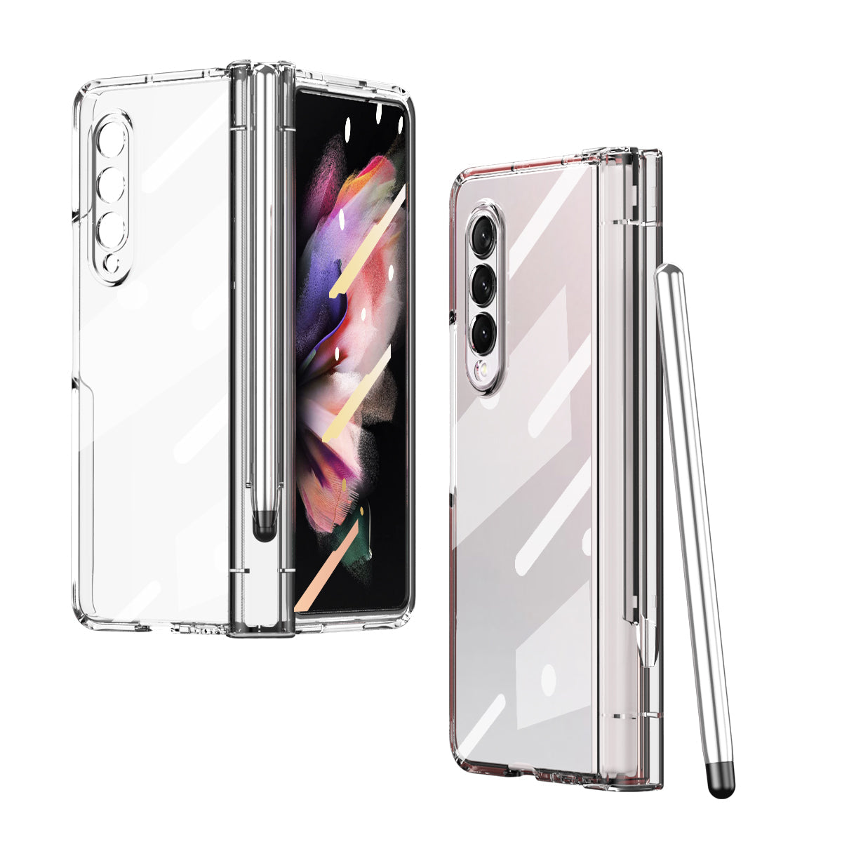 S Pen Fold Edition Case for Samsung Galaxy Z Fold 2 Z Fold 3 Pencil Slot Electroplating Clear Back Cover with Tempered Glass