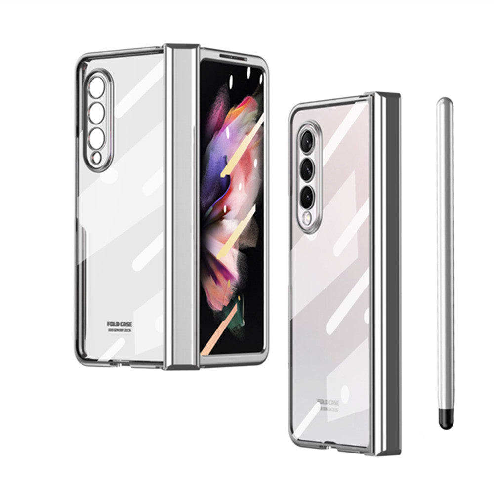 S Pen Fold Edition Case for Samsung Galaxy Z Fold 2 Z Fold 3 Pencil Slot Electroplating Clear Back Cover with Tempered Glass