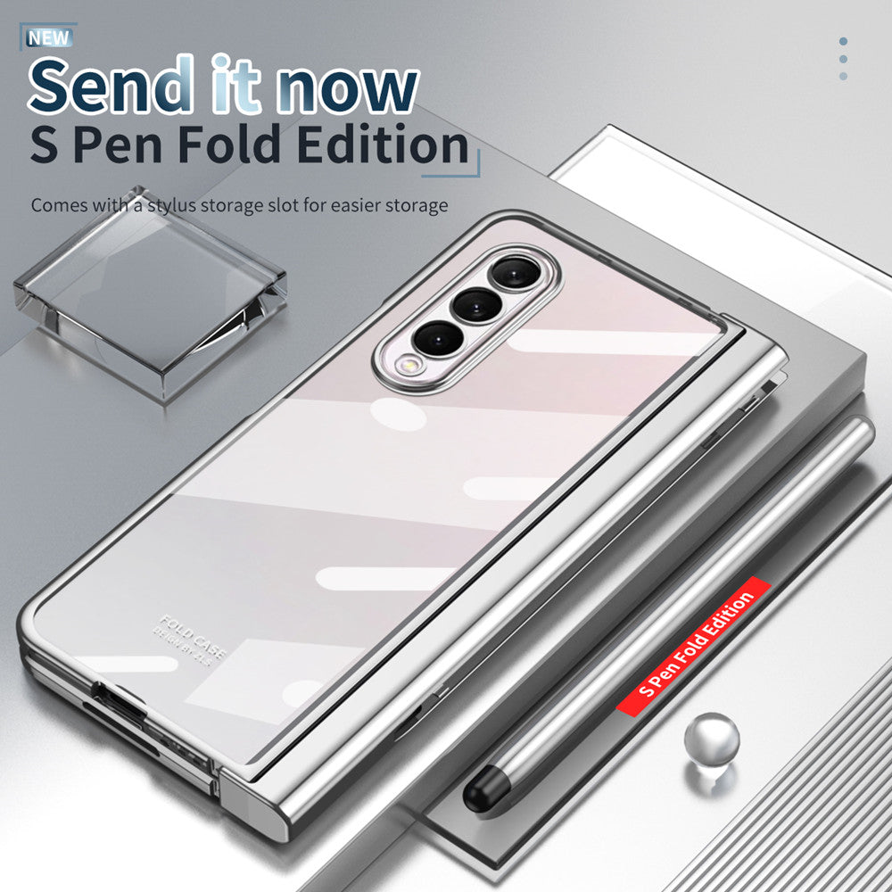 S Pen Fold Edition Case for Samsung Galaxy Z Fold 2 Z Fold 3 Pencil Slot Electroplating Clear Back Cover with Tempered Glass