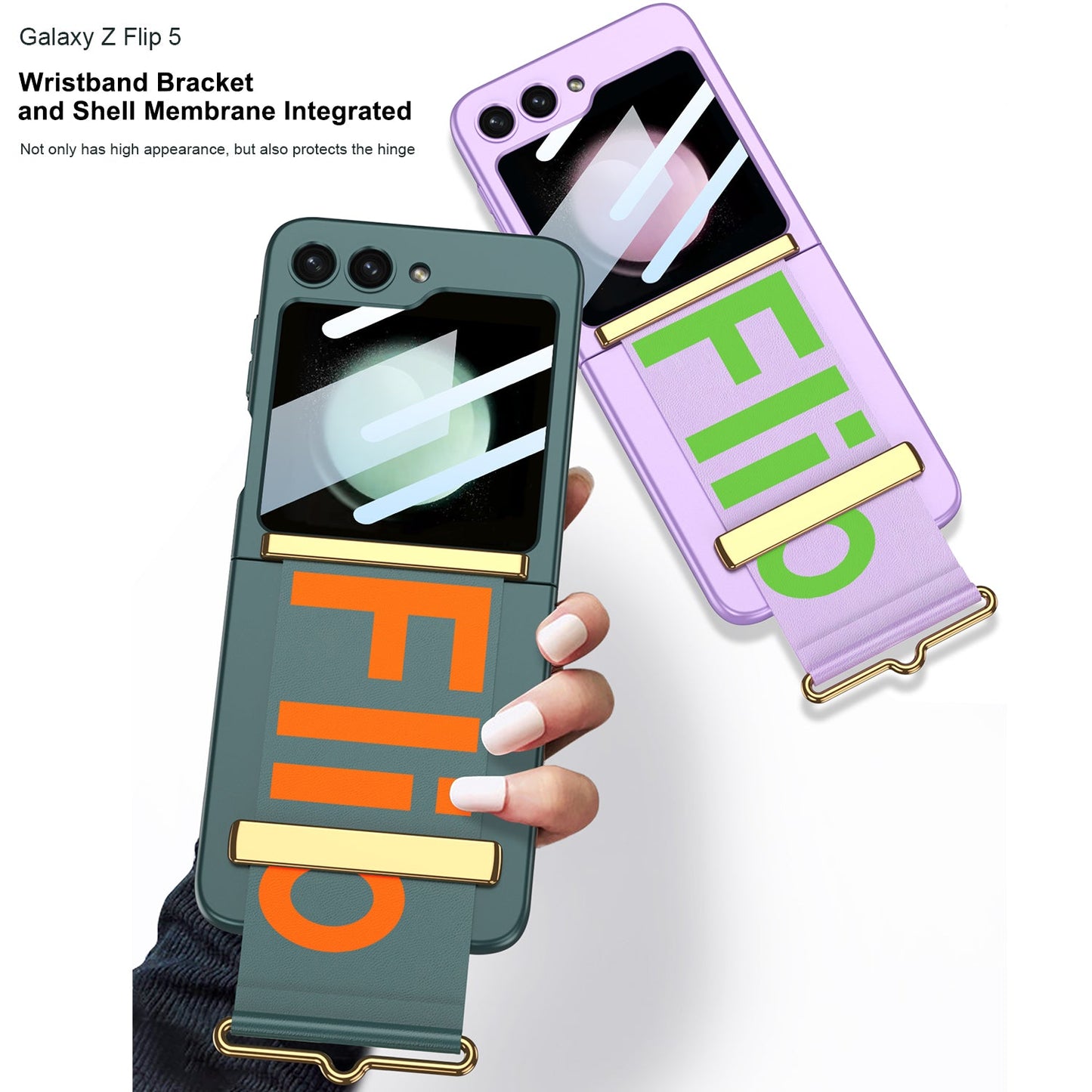 Samsung Galaxy Z Flip5 Wristband Case Ultra-thinFrosted Hard Shell With Tempered Glass Protector