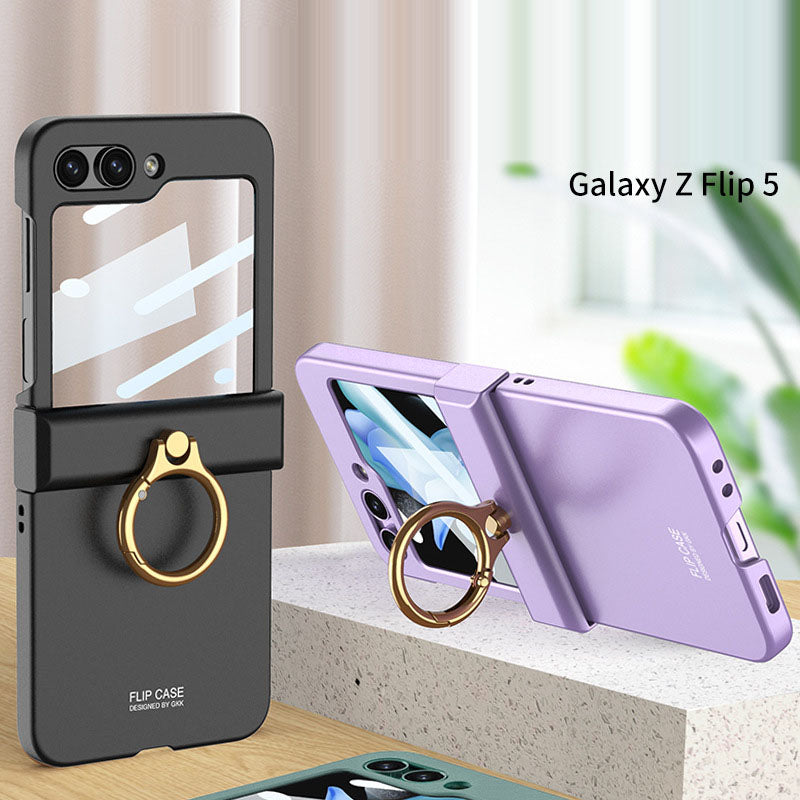 Electroplated hinge all-inclusive Case with Ring Front Screen Tempered Glass Protective Film For Samsung Galaxy Z Flip5