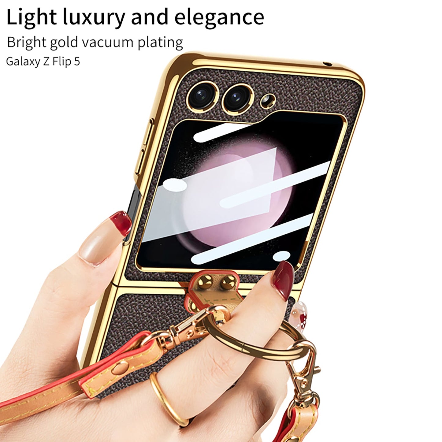 Luxury Leather Samsung Z Filp5 Phone Case With Crossbody Rope