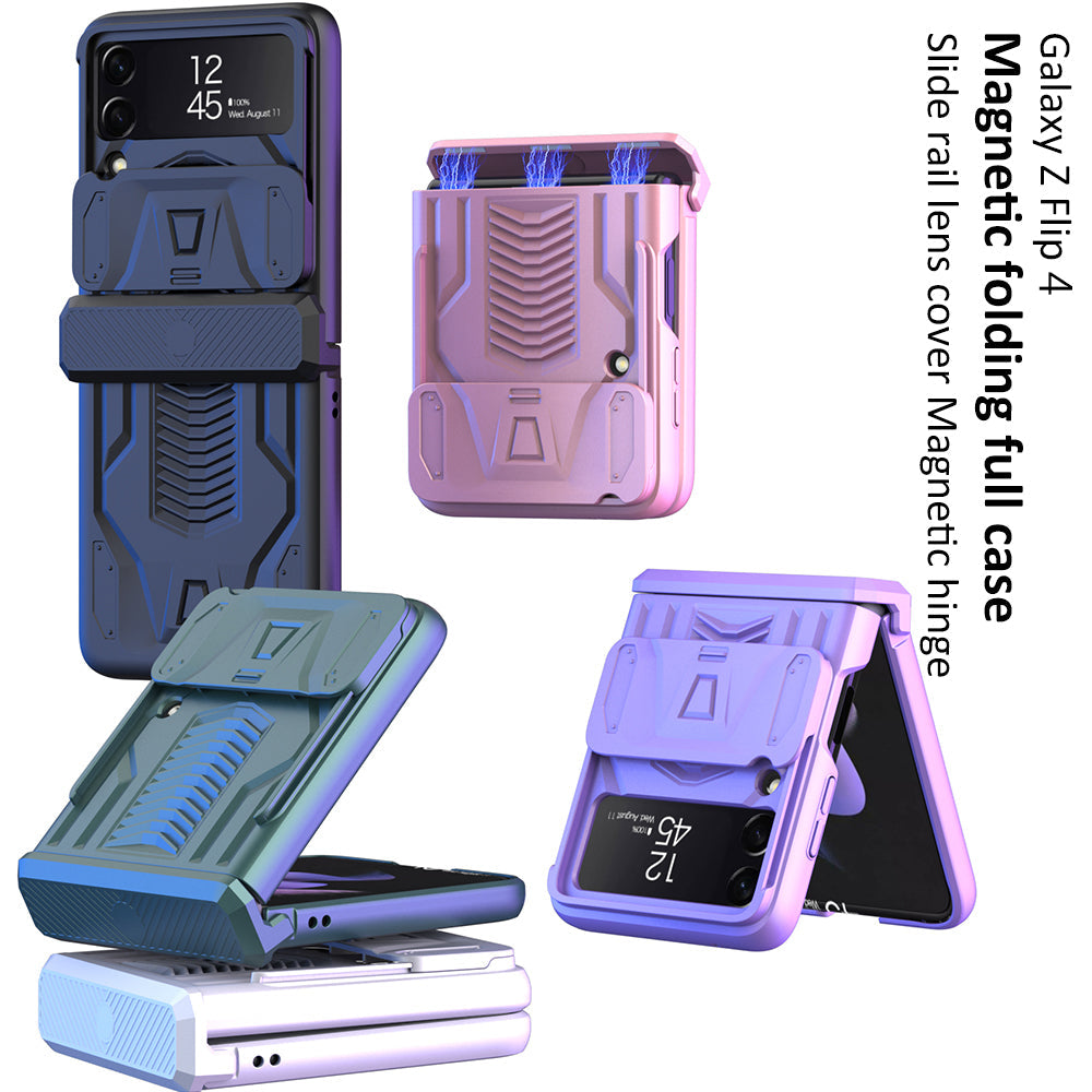 Magnetic Hinge Hard Armor Case For Samsung Galaxy Z Flip4 5G With Slide Lens Cover
