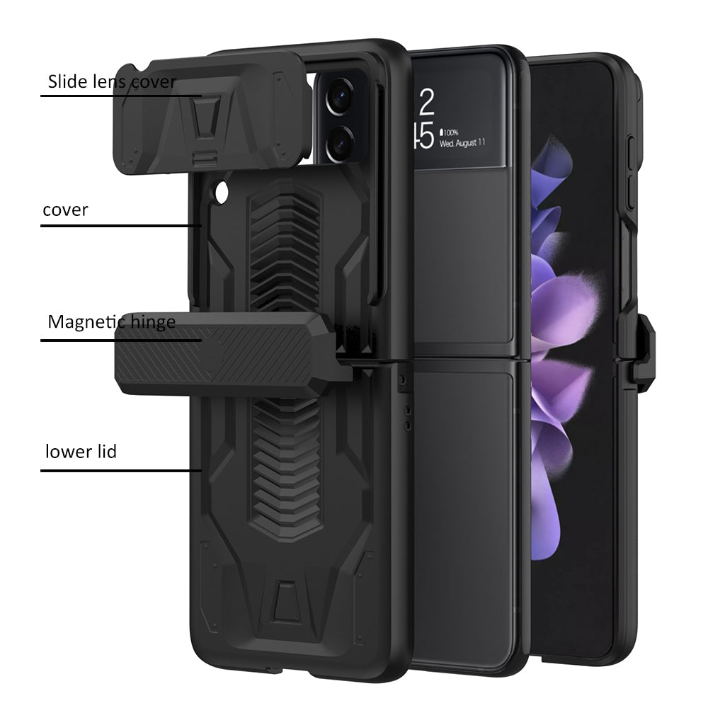 Magnetic Hinge Hard Armor Case For Samsung Galaxy Z Flip4 5G With Slide Lens Cover